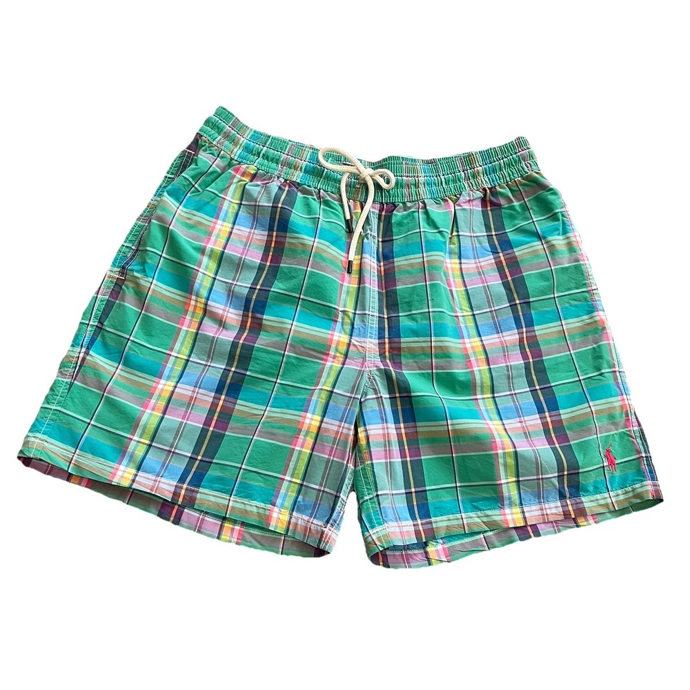 Polo Ralph Lauren Swim Trunks Men's‎ L Pony Logo Pockets Madras Green Plaid